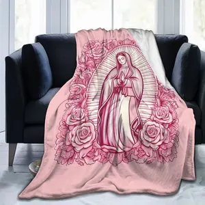 Virgin Mary & Roses Design Pink Flannel Fleece Blanket – Soft, Cozy, Plush Throw for Sofa, Bedroom, Office, Car – Ideal Gift for Religious Holidays, Birthdays, and Home Decor