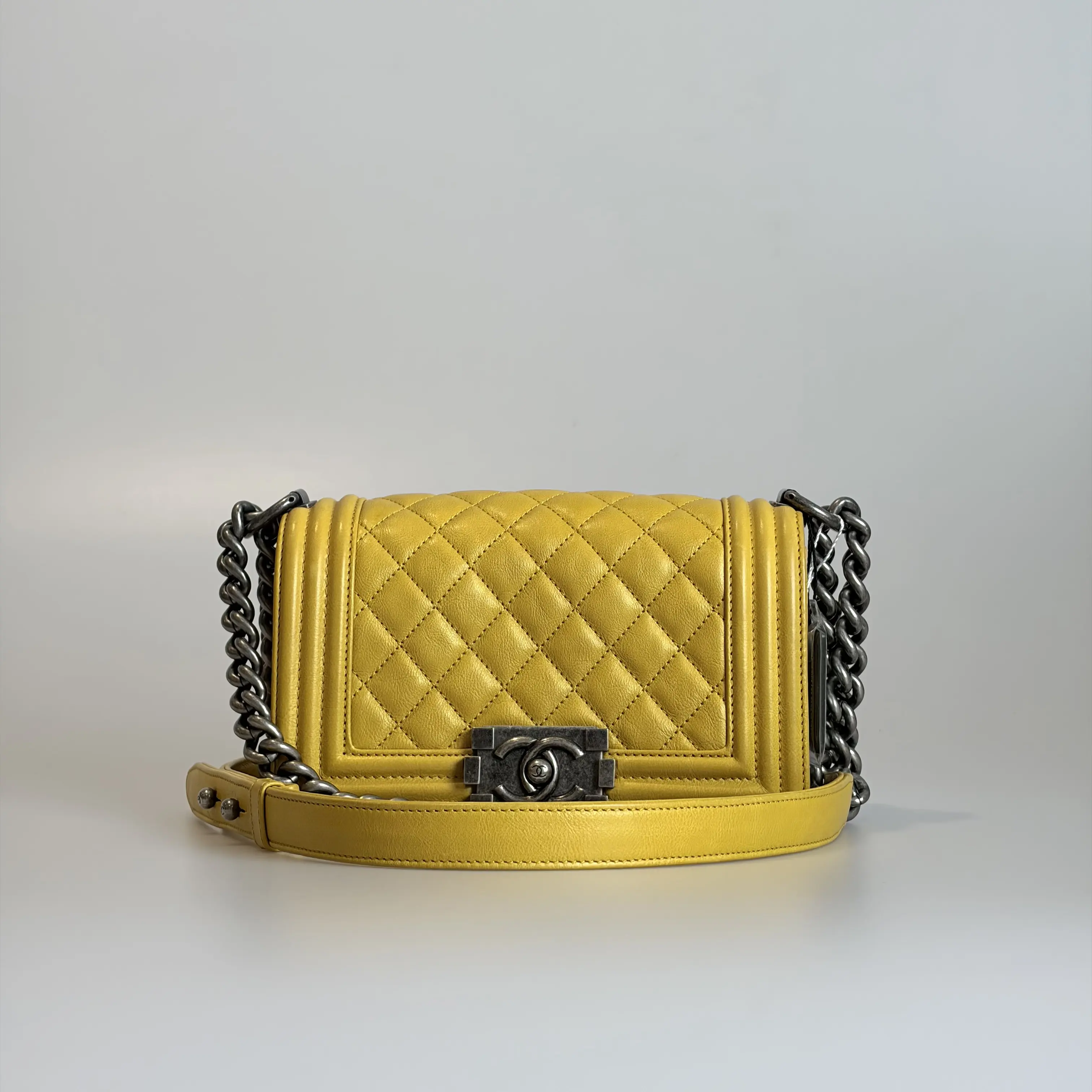 Pre-owned CHANEL Calfskin Crossbody Bag Le Boy Small Yellow Antique Silver Hardware 82095646 Sold As Is / Final Sale