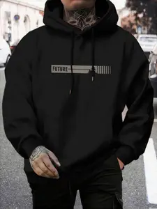 "future" Letter Print Men's Hoodie, Printed Hoodie, Hoodie Sweatshirts, Soft Stretch Knit Fabric, Standard Fit, Casual All-Season Wear, Fun Style, Essential for Young Adults