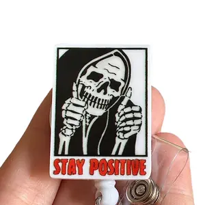 Glitter My Badge Halloween Stay Positive ghost nurse badge reel for nurse and hospital workers. Badge clip Badge pull - Retractable swivel clip with a 360 rotation. Great gift for coworker.