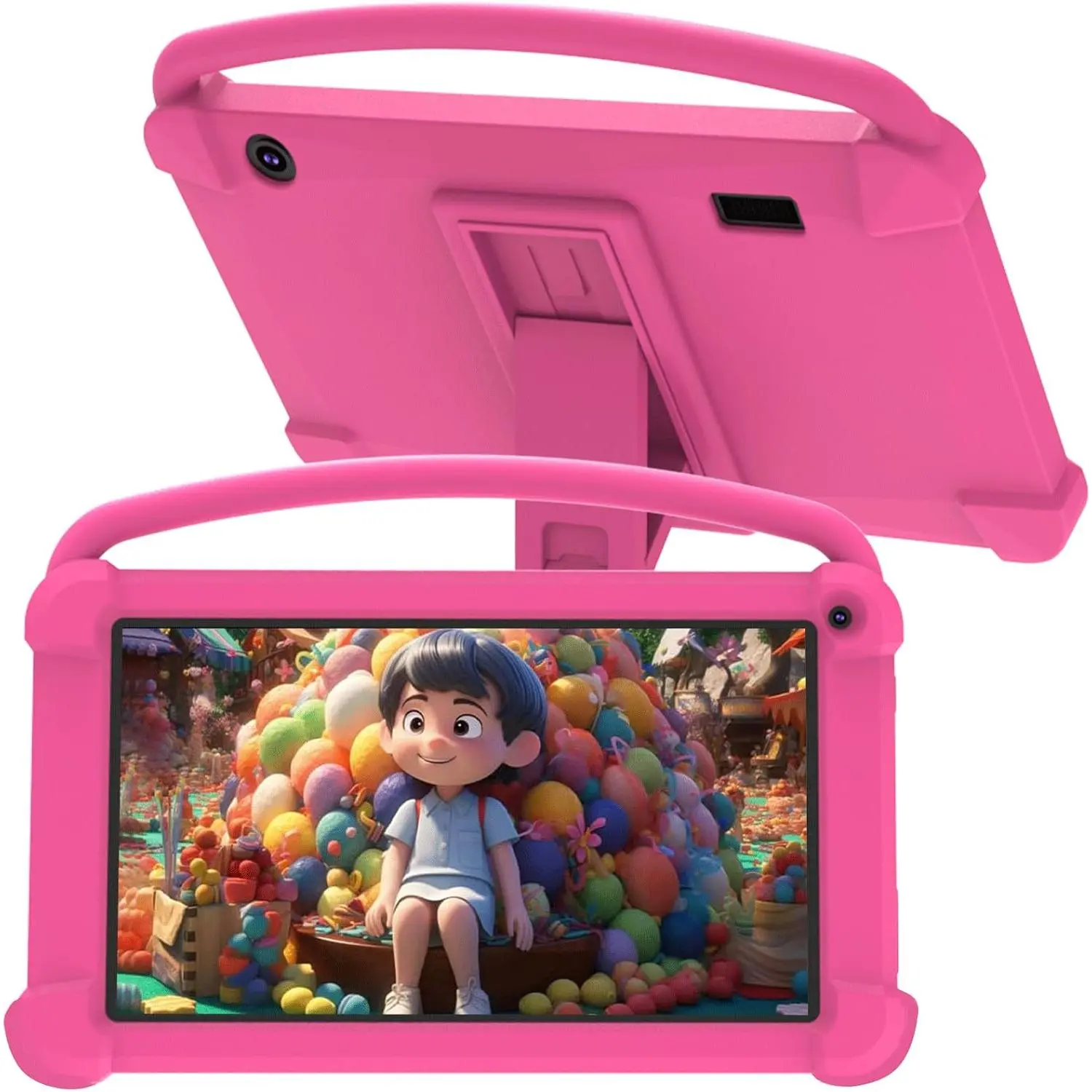 Kids Tablet Set Android 12 - 7 in IPS Display, 4GB RAM, 32GB ROM, Parental Control, 2+5MP Dual Camera, Shockproof Case for Educational & Camping Trip Use (Pink)