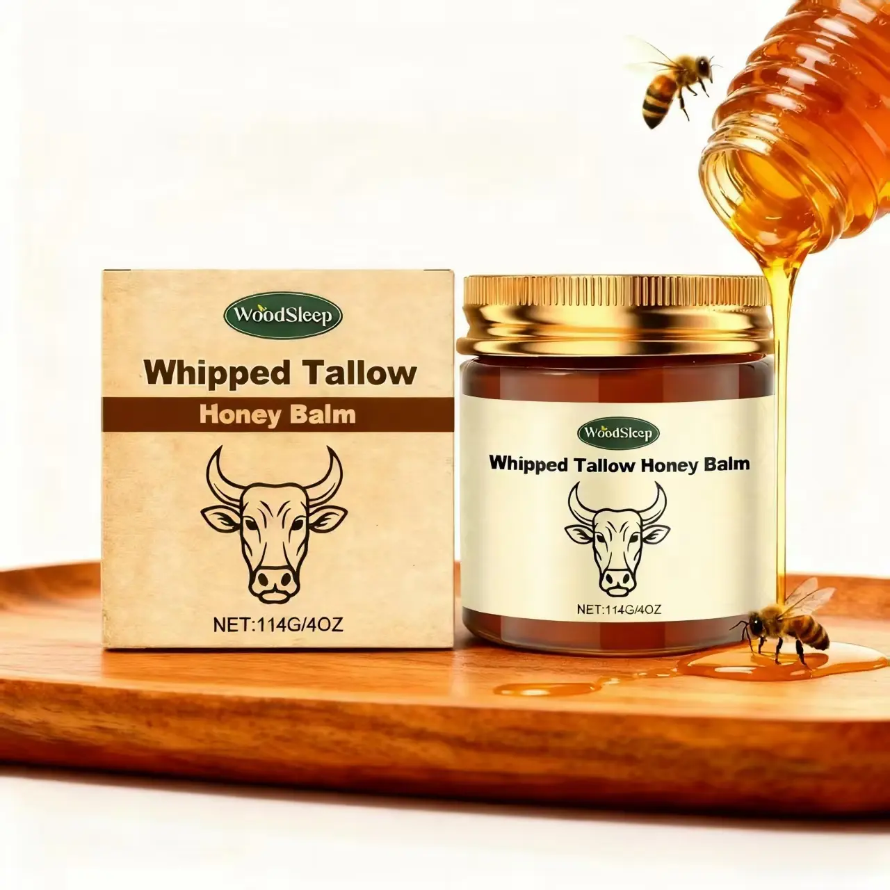 Whipped Tallow Honey Balm - Natural Grass-Fed Tallow Moisturizer, Gentle Nourishing Daily Body Care for Dry Sensitive Skin, 4oz Smooth Face & Body Balm
