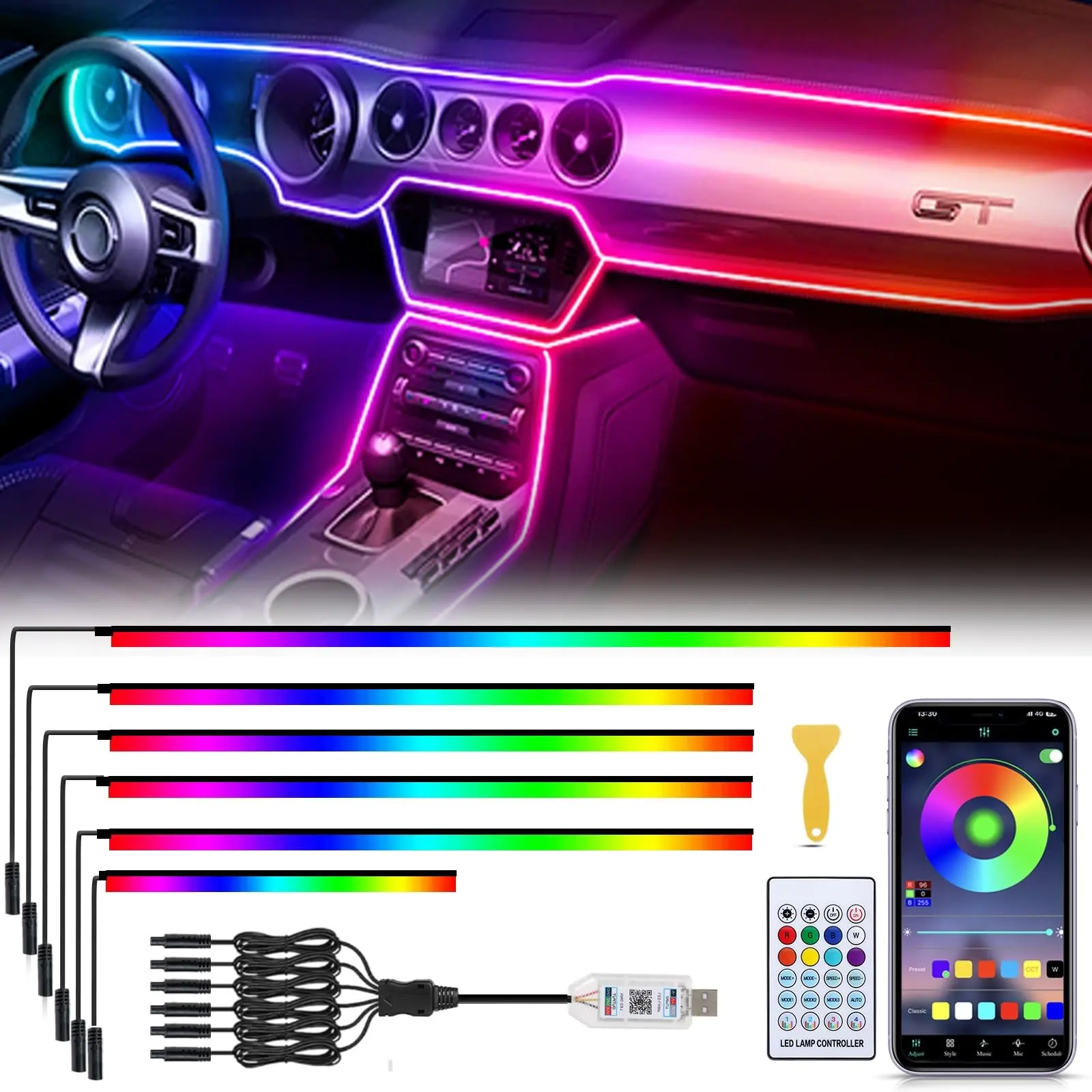 Acrylic 6 in 1 Car LED Lights Interior, RGB Neon  Ambient Lighting Car with 584 LEDs, 16 Million Colors, APP & Remote Control, Music Sync Interior Ca r Lights for Women Men