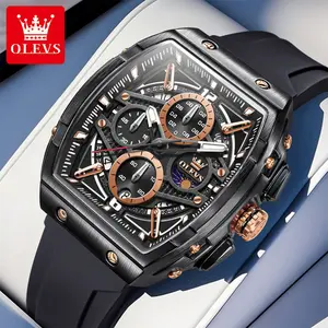 OLEVS Original Brand Watch For Man Waterproof Fashion Man's Multifunctional Chronograph Quartz Watches Silicone Strap Tonneau Wristwatch Big Face 2975