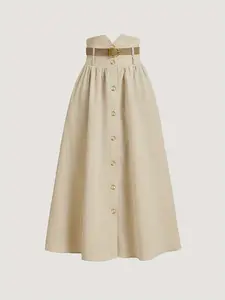 High-Waisted Button Front Skirt, Vintage A-Line Skirt for Spring & Summer, Fashionable Casual Women's Daily Wear, Loose-Fitting Half Dress with Belt, Aesthetic