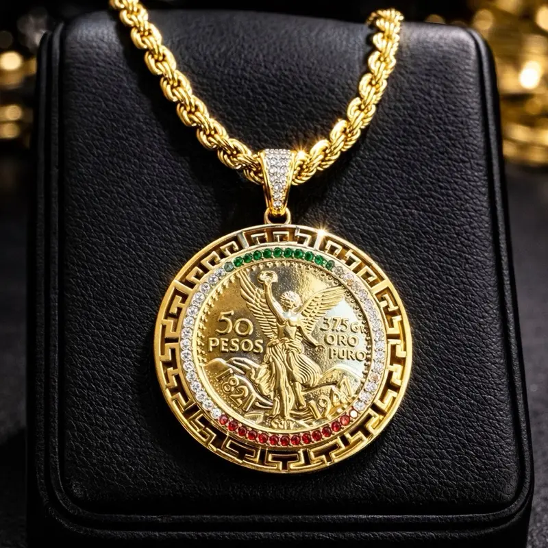 Mens 14K Gold Plated Mexican Flag 50 Pesos Centenario Pendant with 24in 6mm Rope Chain Unisex Fashion Jewelry for All Occasions Gold Coin Necklace