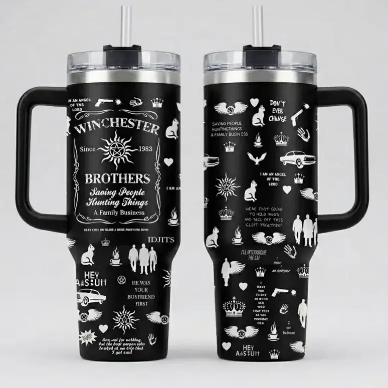 [Supernatural TV Show, Anti Possession Symbol Aesthetic & Monster Hunter Culture] 20oz 40oz Supernatural Winchester Stainless Steel Tumbler with Handle, Insulated Travel Mug with Lid & Straw - Supernatural Fan Gift