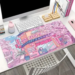 Cute Cherry Blossom Town XXL Gaming Mouse Pad, Pink Street Desk Mat, Anti Slip Rubber Durable Base, For Home Office Large Keyboard Pad, Kawaii Anime Aesthetic Decor