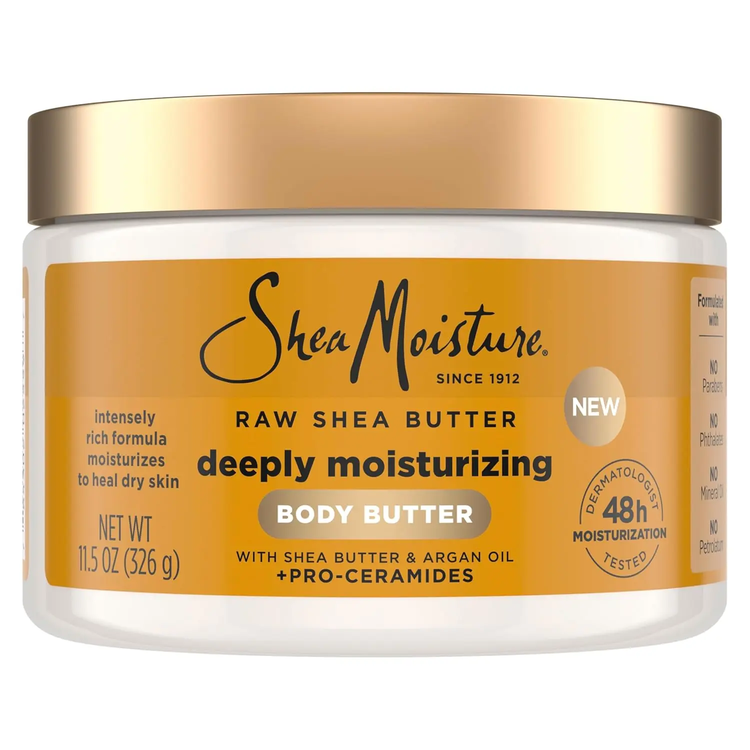 SheaMoisture Deeply Hydrating Raw Shea Butter Body Butter Cosmetic - Argan Oil, Pro-Ceramides, 48-Hour Hydration for Dry Skin, 11.5 oz Restoring Body Moisturizer, Single Item, Lotions, Body Butters