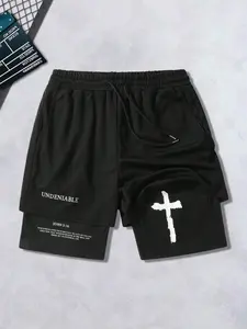 Men's 2-in-1 Compression Lined Shorts, Christian Cross Print Streetwear Athletic Shorts, Double Layer Quick Dry Gym Shorts with Drawstring Waist, Undeniable Graphic Casual Sportswear #springsaledeals2026 #summeroutfits #tiktokshopmademebuyit