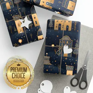 Golden Christmas Village Themed Holiday Winter Wrapping Paper | Christmas Village Themed Gift Wrap