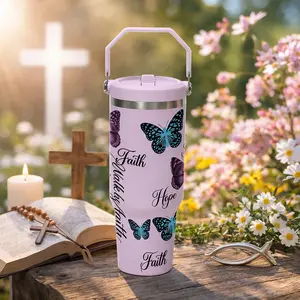 1 Pc 30oz Insulated Sports Water Bottle, Hard Handle, Leak-proof, Double Wall, Butterfly Faith & Hope Design, Hot & Cold Drinks, Motivational Drinkware, Perfect for Travel, Outdoor, Gym, Gift for Women & Men, Birthday, Holiday Gifts, Trendy & Stylish