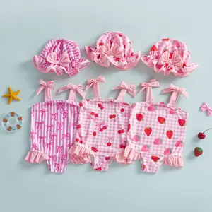 Toddler Baby Little Girl Summer Swimsuit Strawberry/Bow/Cherry Print Sleeveless Tie Shoulder Bathing Suit with Swim Cap 3M-3T