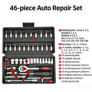 46-Piece Socket Wrench Tool Set, Auto Repair Kit, Small Fly 1/4 Ratchet Wrench Set, Home Hardware Maintenance Tools