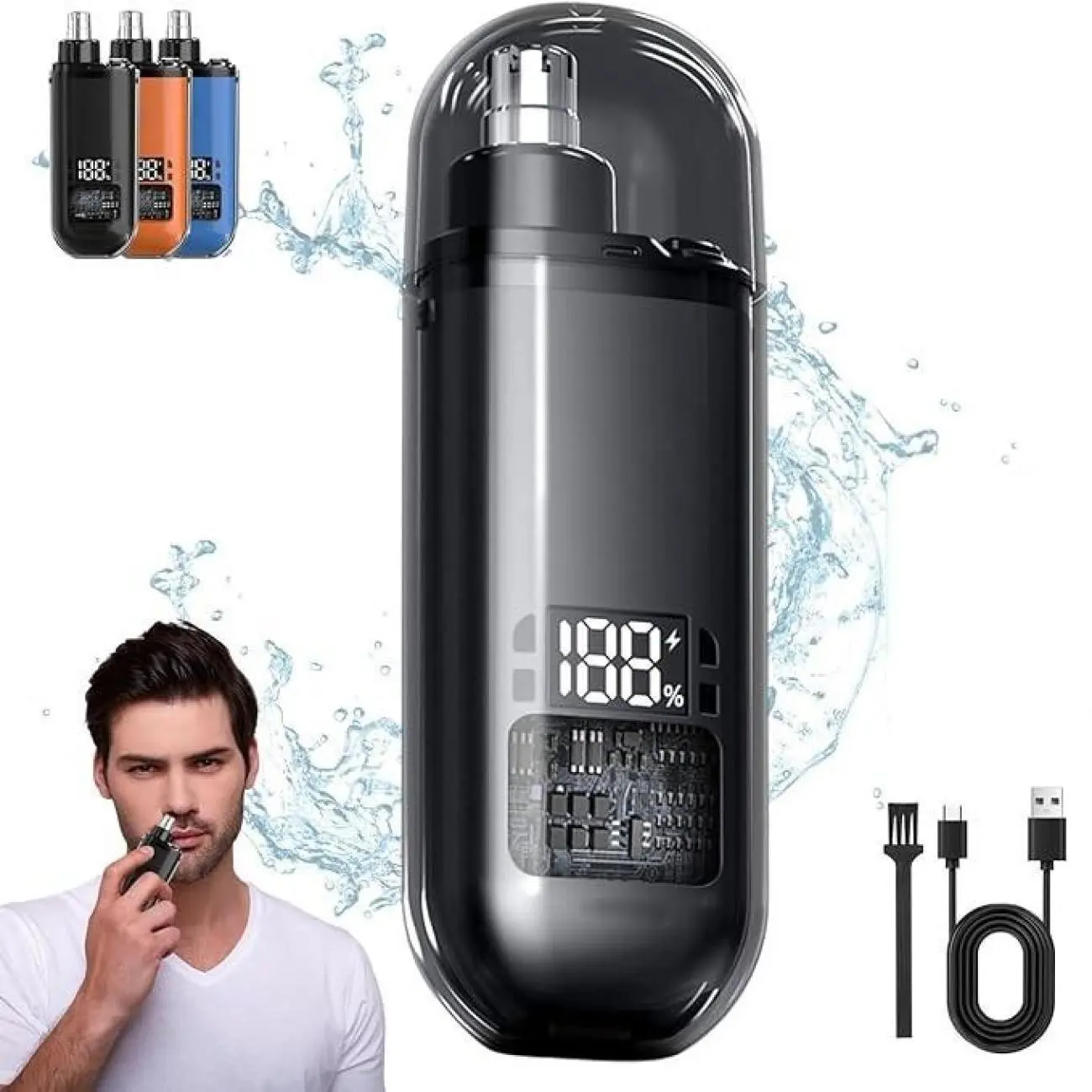 Portable Nose & Ear Hair Trimmer 7000RPM Motor USB-C Charging 360° Safety Guard Pain-Free Grooming Travel Essential Black