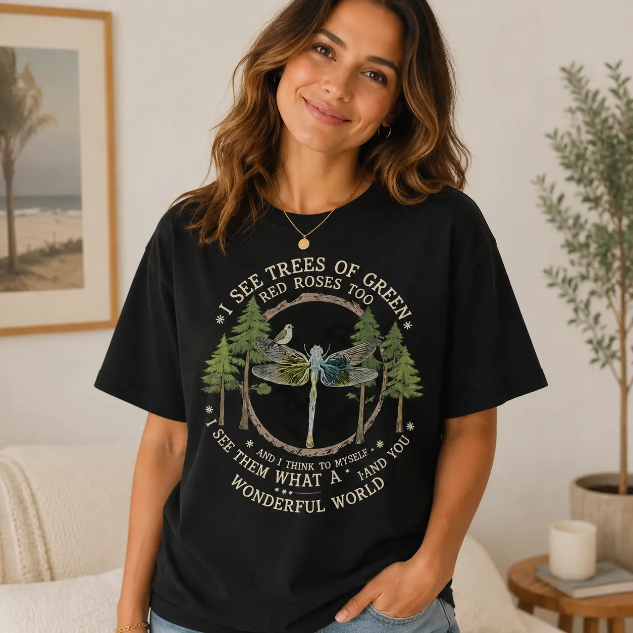 Vintage Dragonfly Graphic T Shirt for Women Men Unisex Black White Short Sleeve Tee Nature Quote Print Shirt Wonderful World Boho Aesthetic Plus Size Casual Streetwear Idea
