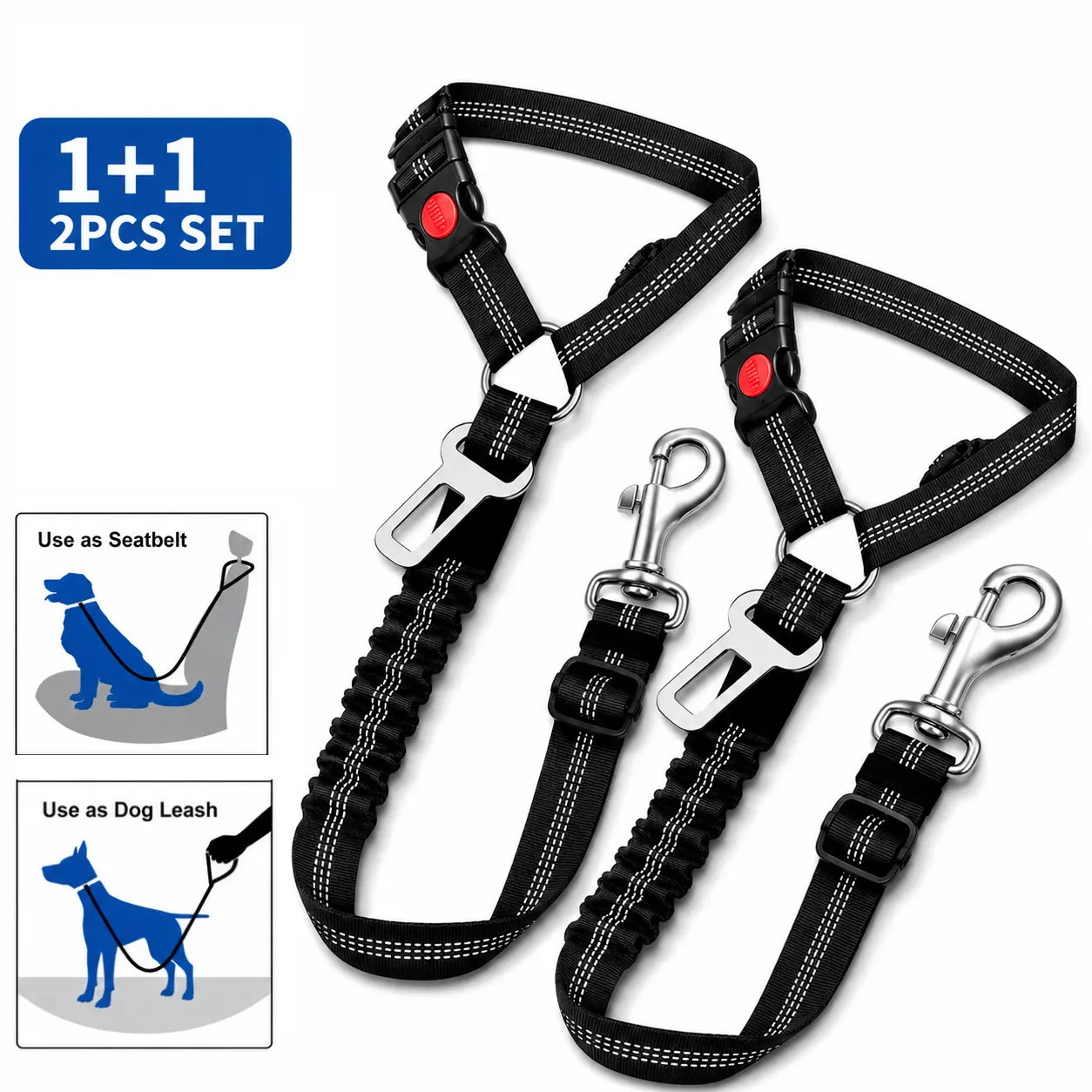 2-Pack Nylon 2-in-1 Dog & Cat Safety Leash Car Seat Belt - Detachable, No Choke, 360° Swivel Clasp, Chew Resistant, Shock-Absorbing Buffer, Stain Resistant, Universal Headrest & Buckle Fit, Outdoor Use, Hand Wash Only, Non-Customized for 10–100 lbs Pets,