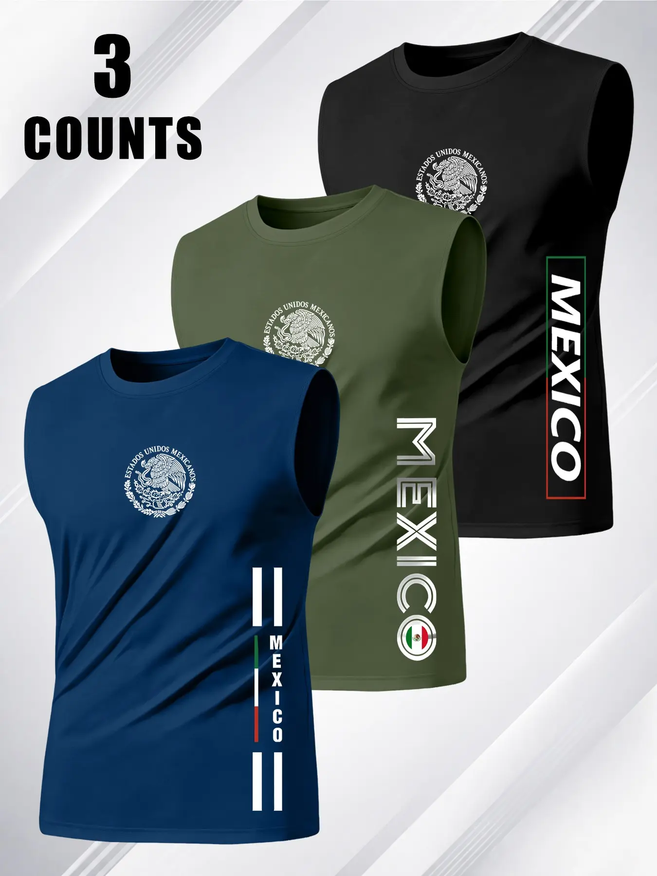 Mexican Emblem Print Sleeveless T-Shirt Set of 3, Men's Sporty Fitness Tank Tops, Mexico Flag Theme Patriotic Daily Wear, Sleeveless Activewear, Sports Tank Top