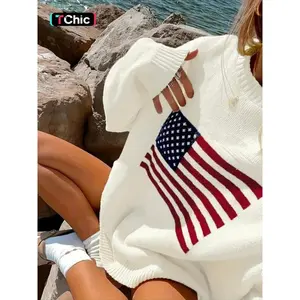 Soft Thick American Flag Graphic Pullover Sweater, Casual Loose-Fit Knitted Jumper for Fall & Winter, Moderate Fabric Thickness