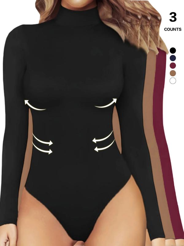 Women's Tummy Control Mock Neck Bodysuit, Long Sleeve Stretchy Slim Fit Jumpsuit, Elegant Body Shaper Top, Casual Lounge Leotard