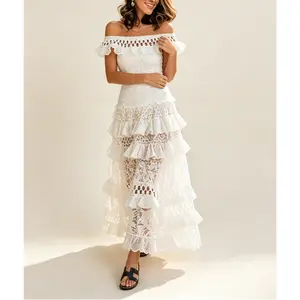 Lace Out Off Shoulder  Ruffle Party Dress