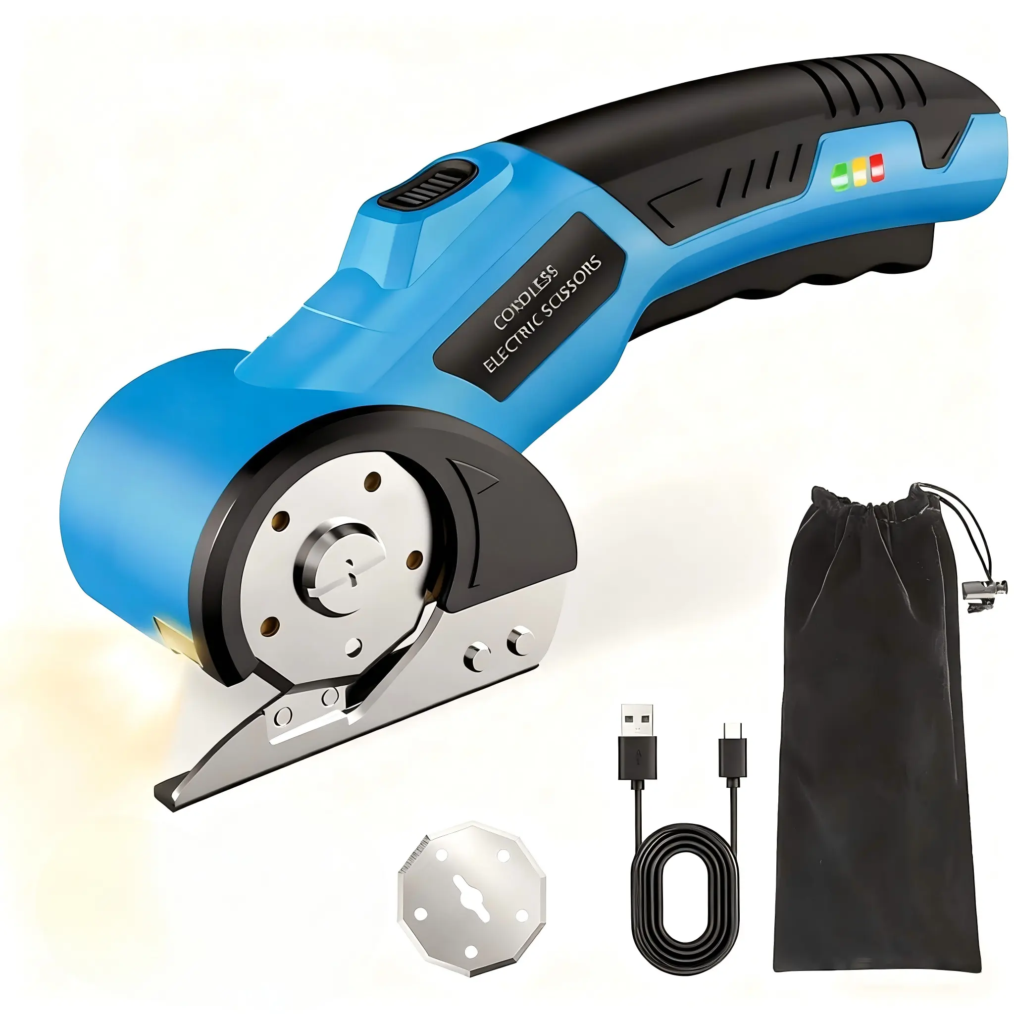 Cordless Rechargeable Electric Scissors with Safety Lock, LED Light, Anti-Slip Grip, Alloy Steel Blade, USB Cable, Heavy-Duty Fabric Cutter for Cardboard, Carpet, Leather