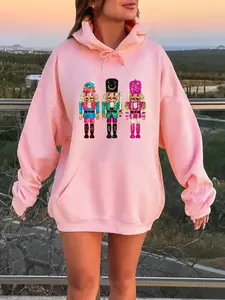 Women's Cartoon Nutcracker Print Drop Shoulder Hoodie, Fashion Casual Drawstring Pocket Hooded Sweatshirt for Daily Holiday Outdoor Wear, Women Clothing for Fall & Winter