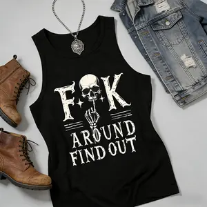 Black Casual Round Neck Letter & Skull Graphic Top Sleeveless,women's summer tops,curvy plus size summer clothes,tank top women