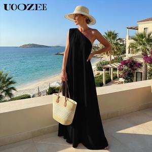 UOOZEE Women's Casual Loose Asymmetric Solid Color Split-Joint One-Shoulder Maxi Dresses, Party, Holiday Elegant Style, Chiffon Fabric, birthday outfit One Size Up Recommended for C - Cup and Above Summervibes, Comfortable, Lady,summeroutfits,vacationoutf