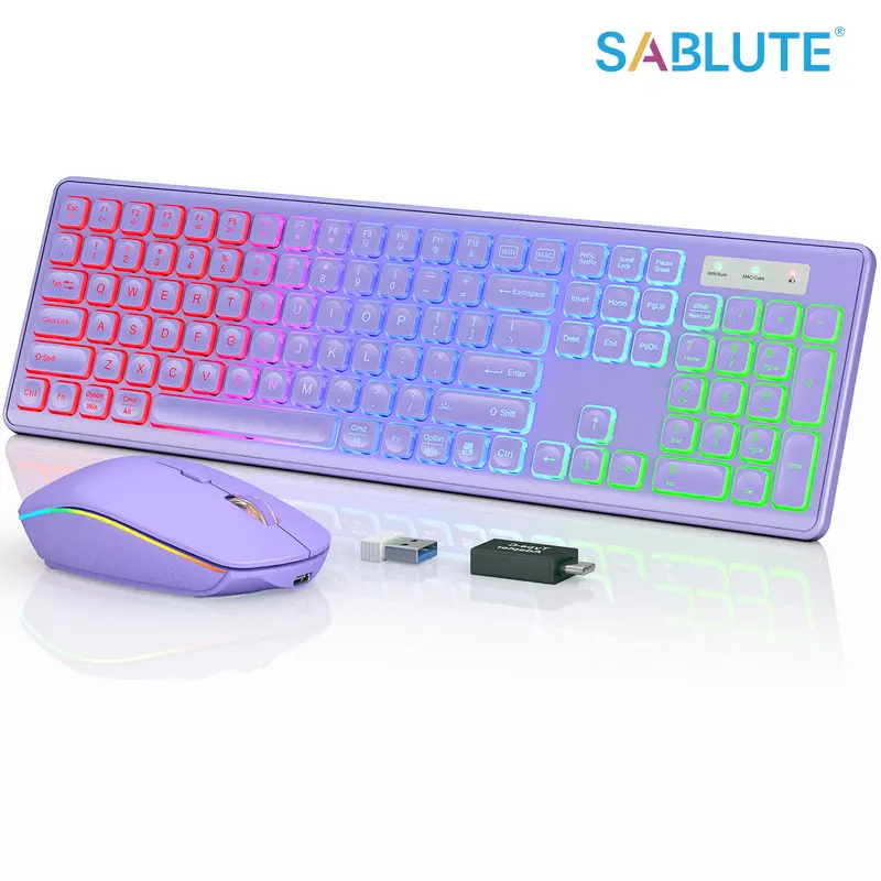 SABLUTE KM42PRO 2.4G Wireless USB Keyboard & Mouse Combo - Rechargeable Built-in Lithium Ion Cells, Colored LED Backlit Full Size Keyboard, Sleep Mode, Non-Bluetooth Office Desk Accessories (TikTok Shop Back to School)