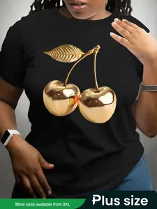 Women's Plus Size Cherry Print Round Neck Short Sleeve Casual Top, Spring Summer Fashion Fitted Tee, Comfortable All Season Wear