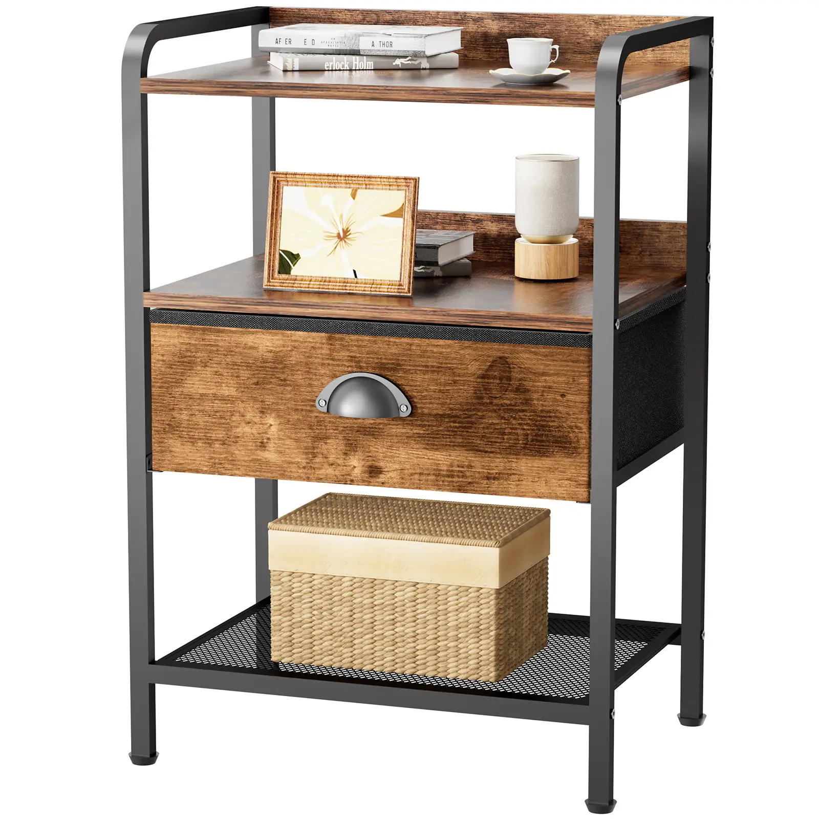Night Stand with Fabric Drawer End Table with Smooth Edges Side Table with Storage Mesh Shelf Nightstand with Open Shelves for Bedroom, Living Room De