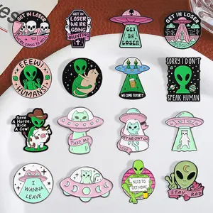 16pcs Green UFO alien cow cat versatile metal brooch badge clothing accessories collar pin