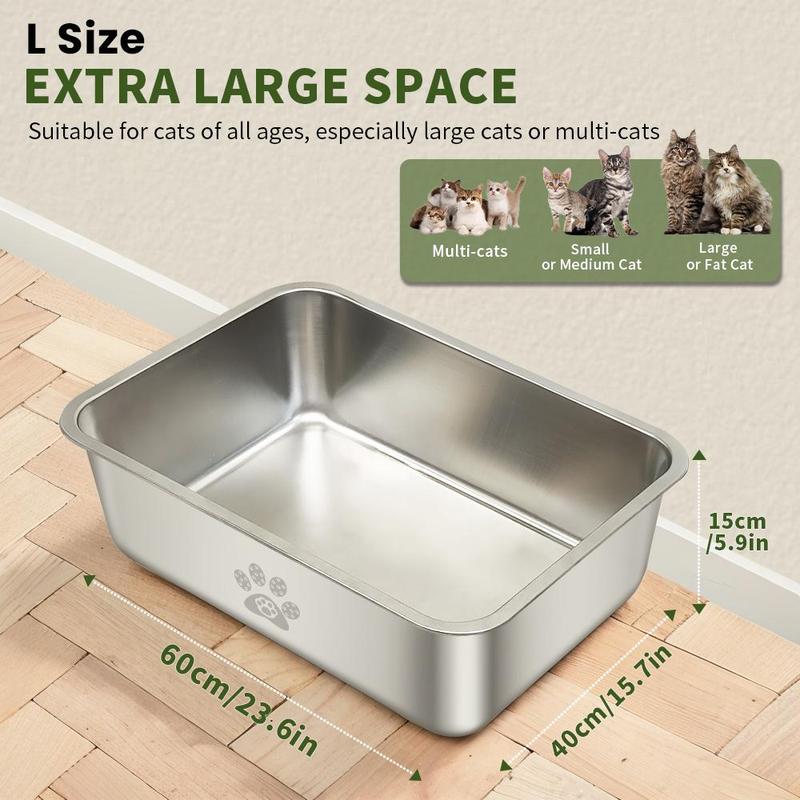 PTLOM Stainless Steel Cat Litter Box High Side, No Lid Large Space, Splash-proof Non-stick Cat Pet Supplies