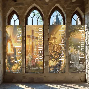 4 Pcs Religious Banners, Polyester Material Christian hanging banners with alleluya he has risen blessed finished text religious pattern perfect for Easter celebration indoor decoration for church and home wall decor