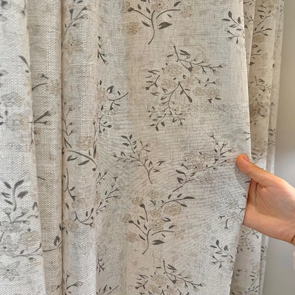Rustic Summer Floral Linen Curtain, Home Decorative Curtain, Light-Filtering Sheer Lightweight Drapes for Bedroom Living Room Balcony Window Decor, 1 Piece