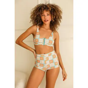 Wave Front Zipper Closure Bikini Top