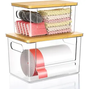 Trash Bag Dispenser 2 Pack, Stackable Trash Bag Storage with Wooden Lid – Clear Plastic Garbage Bag Organizer Compatible with 4-33 Gallon Bags, Space-Saving Under Sink Storage Solution for Kitchen, Laundry Room and Pantry