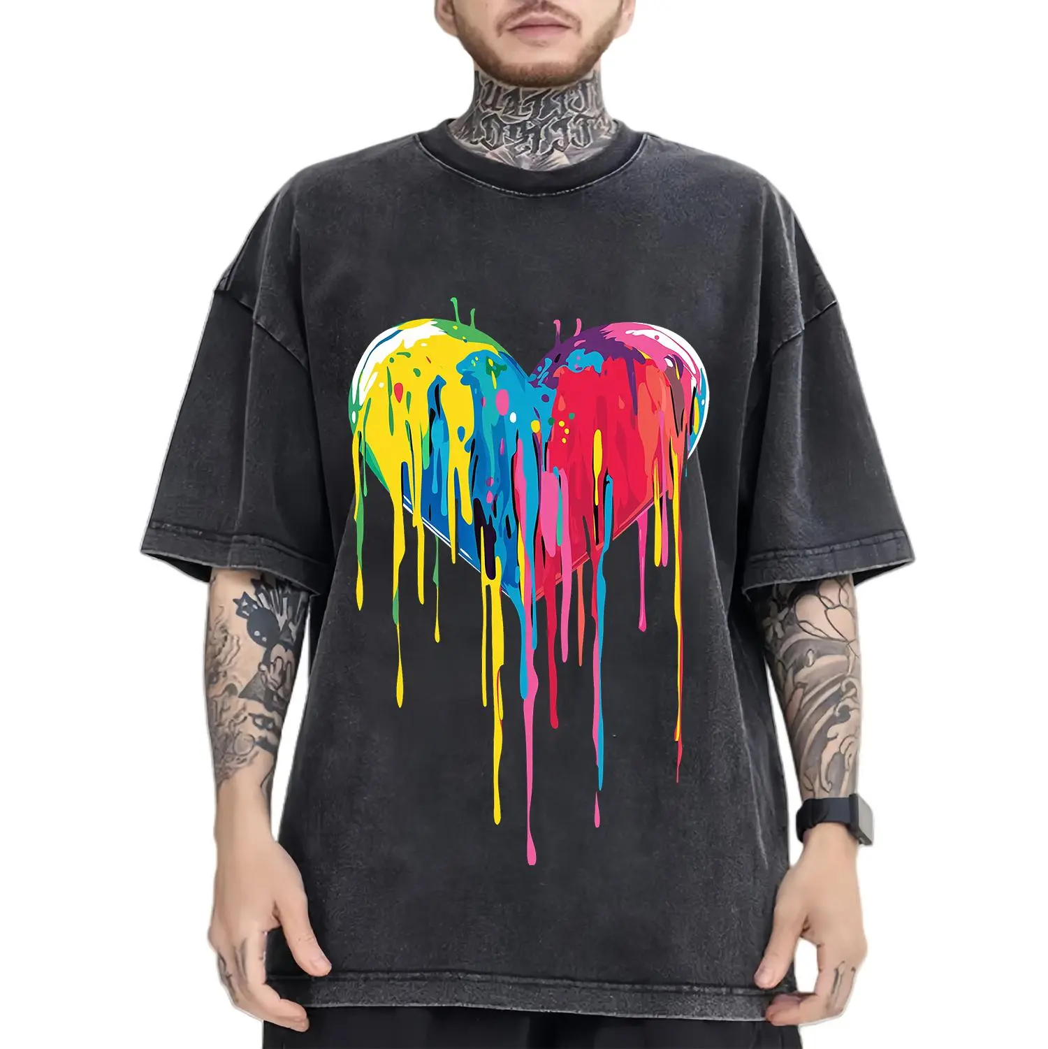 LGBT Rainbow Heart Oversized Graphic Tees Mens Vintage Shirt Cotton Acid Wash T Shirts Streetwear Casual Tops