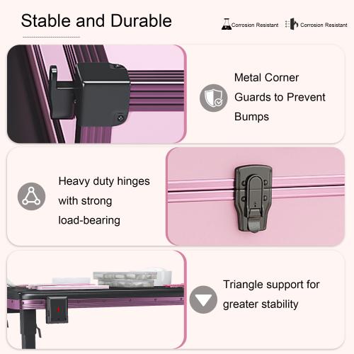 Professional Rolling Travel Portable Nail Art Table with LED Mirror, 3 Lockable Drawers, with Wheels Handle for Mobile Nail Techs & Salon Use,Telescopic Pole Foldable Manicure Station,Pink