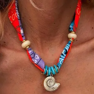 BloomWish S Scarf Necklace with Conch Shell Heart Charm Bandana Necklace for Women Statement Accessory Summer Outfits for Women Beach Bag Accessories Trendy