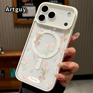 Magnetic Soft Case for iPhone 17 16  Pro Max Plus 15 14 13 12 11 Air E Blushing Tulips Pattern Anti-Yellowing Shockproof ultra-thin Silicone Crystal Transparent Acrylic Cover Supports Wireless Charging