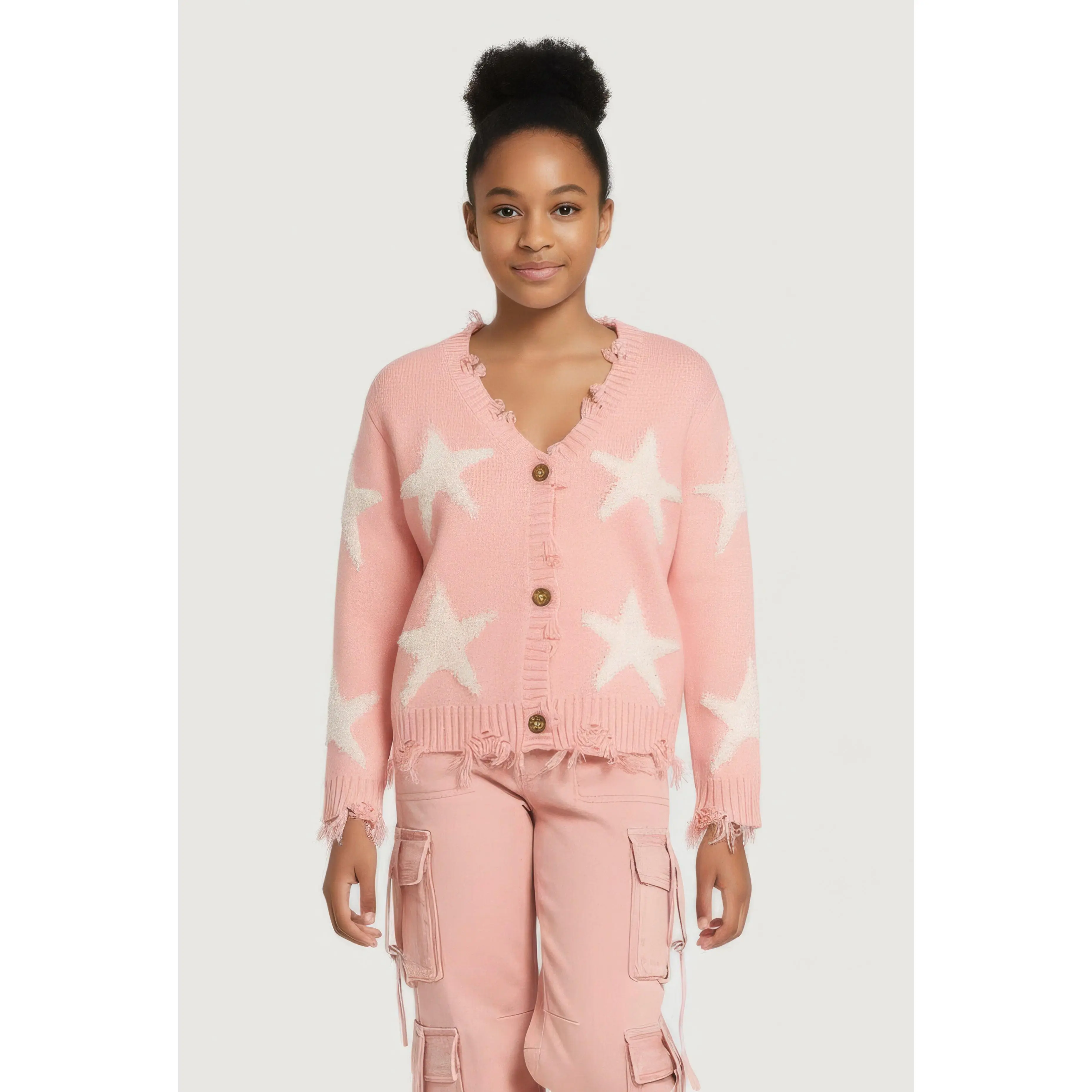 Girls Star Embroidered Distressed Detail Cardigan