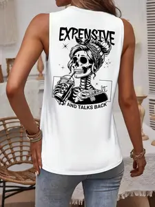 Women's Skull Print Sleeveless Vest, Summer Fashion Everyday Comfortable Design, Breathable Soft Fabric, Casual Style Round Neck Backless Top