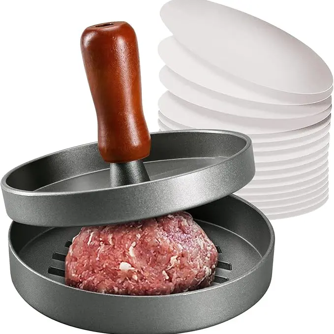 Stainless Steel Burger Press - Portable Non-Stick Manual Kitchen Tool, Meat & Poultry Utensil for Home Kitchen Grill with Base