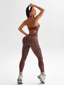 Women's Leopard Print Knit Yoga Sporty Comfy Jumpsuit, High Elastic Waist, Slim-Fitting, Long Sleeve, Casual Fashion, All Seasons