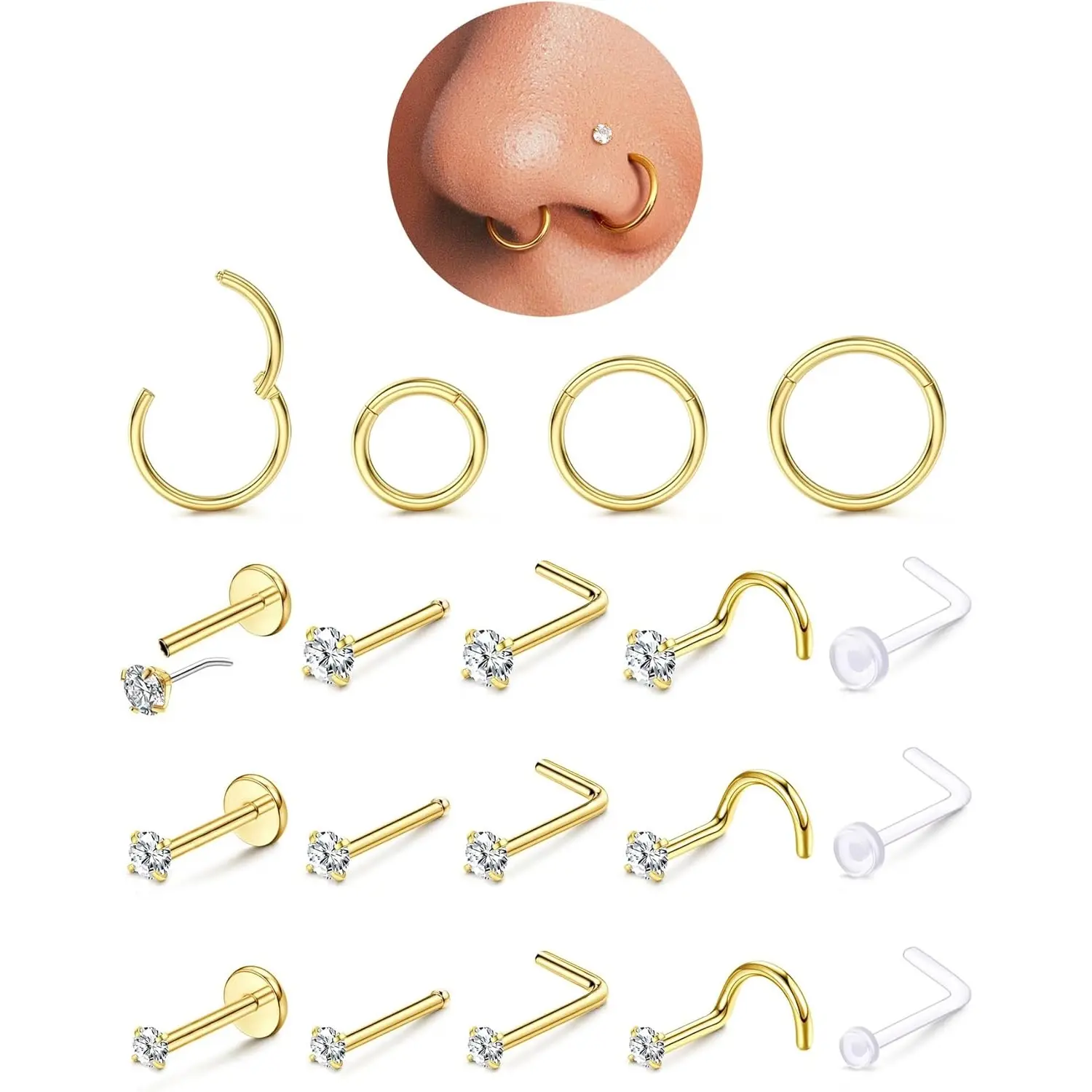 MILACOLATO 14K Plated Gold Filled Nose Rings Studs Hoops for Women Men: 20G 18G 316L Surgical Stainless Steel Hypoallergenic Dainty Simulated Diamond L Shaped/Corkscrew/Straight/Push Back Nostril Nose Piercing Jewelry, Nose Piercings