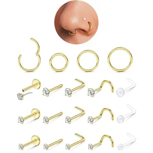 MILACOLATO 14K Plated Gold Filled Nose Rings Studs Hoops for Women Men: 20G 18G 316L Surgical Stainless Steel Hypoallergenic Dainty Simulated Diamond L Shaped/Corkscrew/Straight/Push Back Nostril Nose Piercing Jewelry