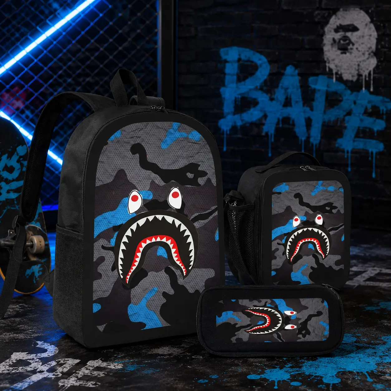 Shark Backpack 3 in 1 Set for Boys Teens Kids, Blue Camo School Bag with Insulated Lunch Box and Pencil Case Bundle, Cool Streetwear Bookbag Lightweight Laptop Rucksack for Elementary Middle School outdoor