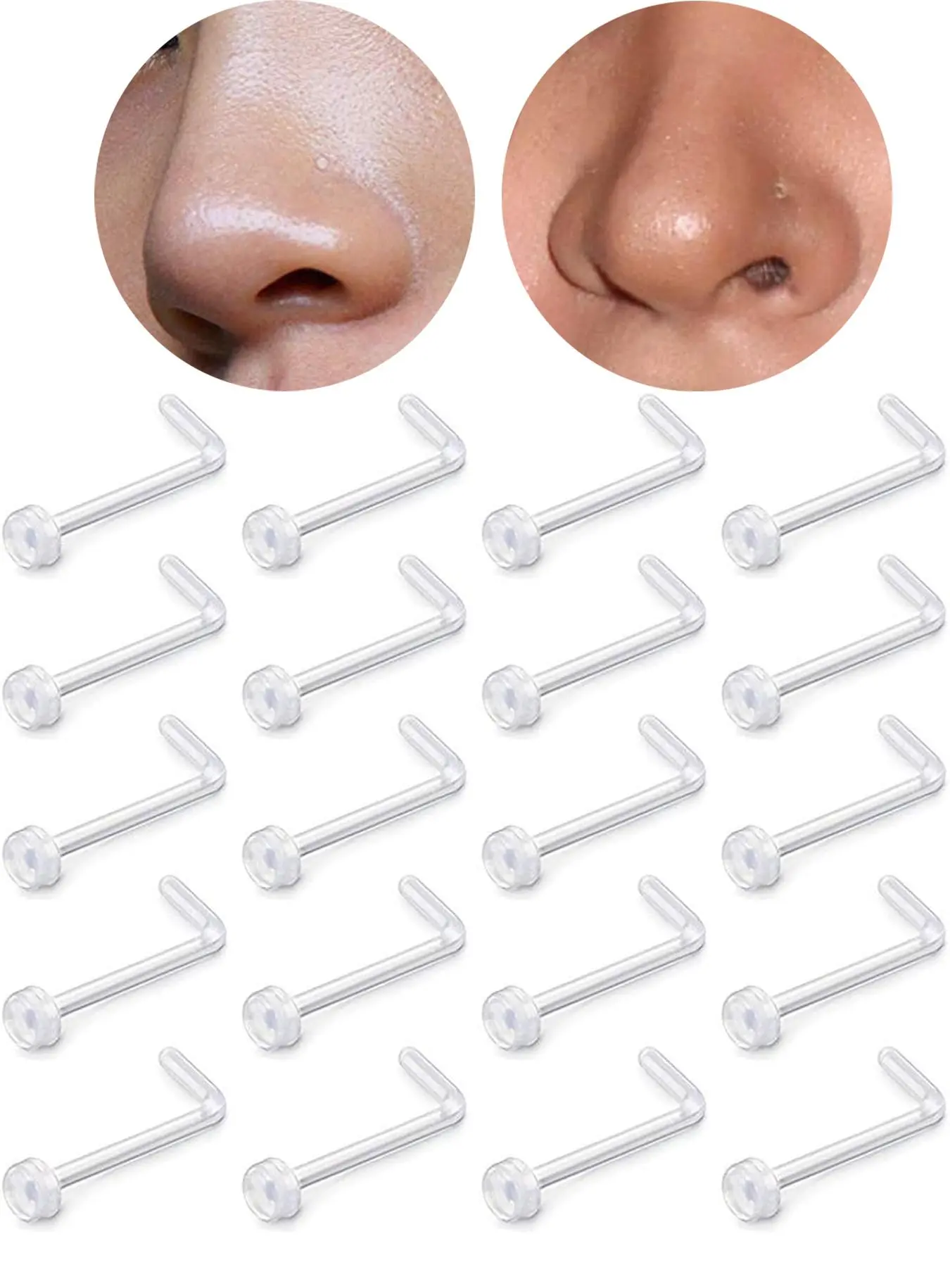 20pcs 18g Clear Nose Ring Retainer Bioflex L Shape Nose Rings Studs Piercing Jewelry Flat Top, Nose Piercings Kit, Nose Jewelry Set, Flat Back Nose Stud, Kit Nose Piece